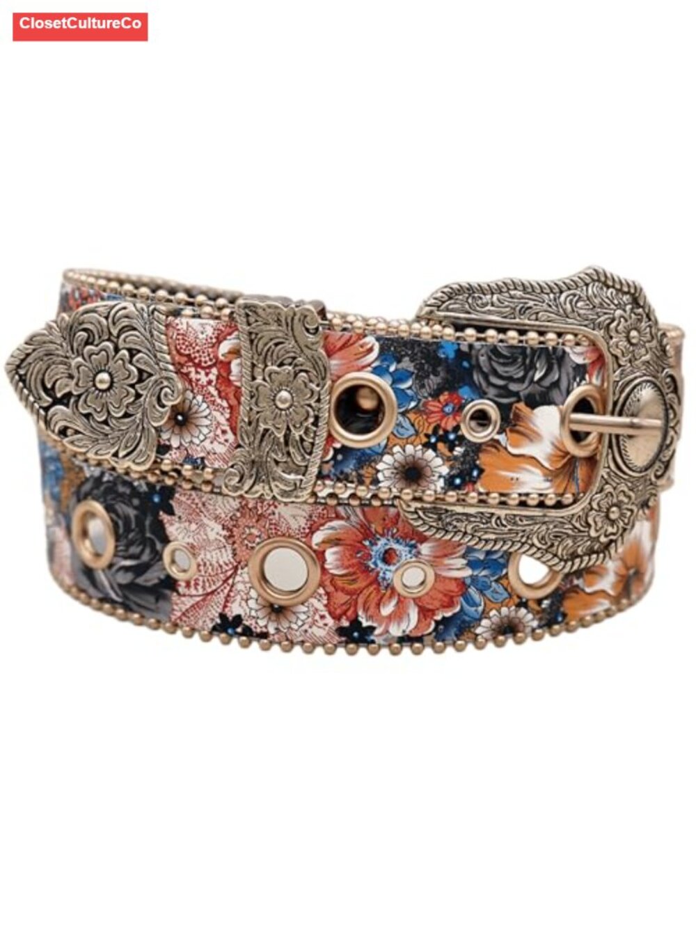 Faux Leather Floral Western Belt Engraved Buckle Cowgirl Country